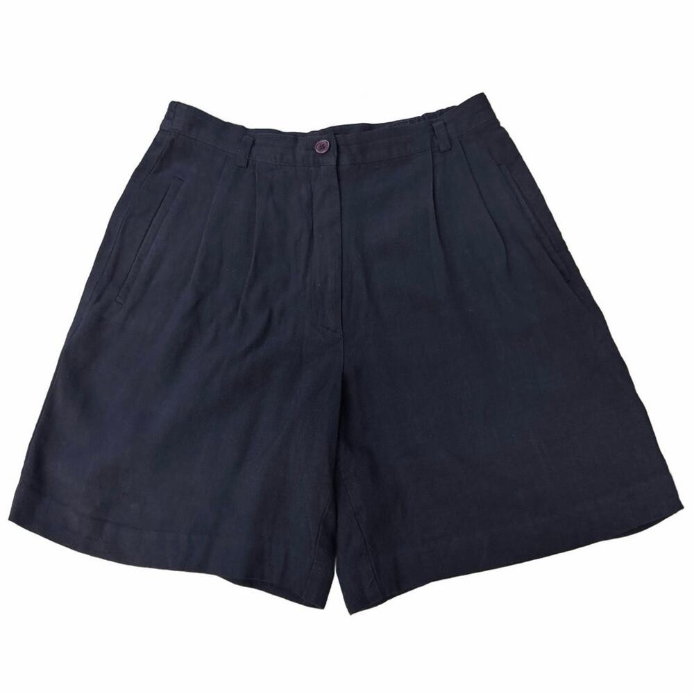VTG 90s Russ Petite Pleated Trouser Shorts Navy Linen Blend Slub High Rise 6P